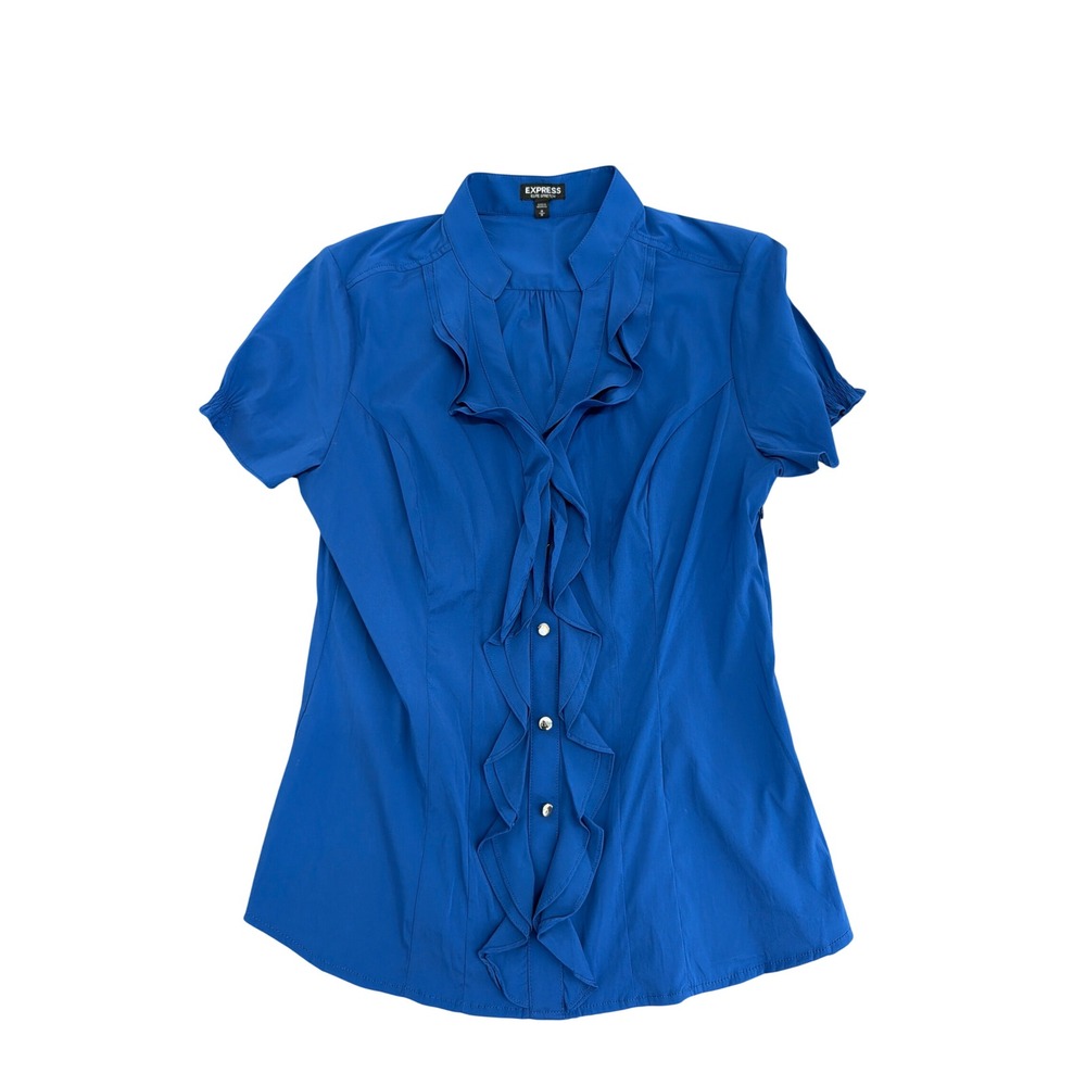 Express Elite Stretch Ruffle Front Blouse Blue Short Sleeve Side Zip Medium